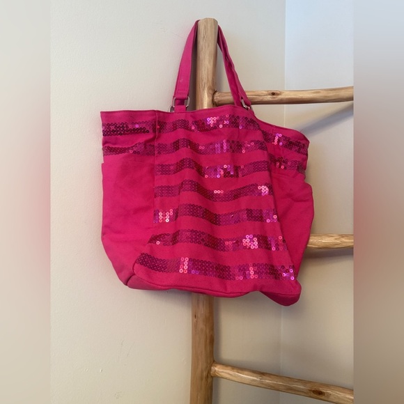 Victoria's Secret Hot Fuschia Bright Pink Striped Sequin Tote Bag With Handles - Picture 5 of 5